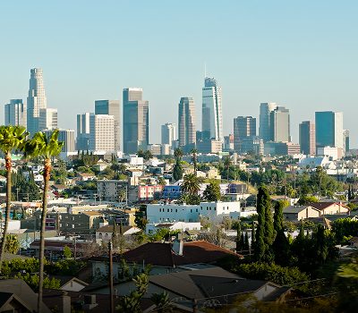 Downtown city skyline with tall buildings under a clear blue sky, residential houses, and trees in the foreground.