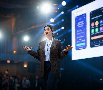 A woman gives a presentation on stage with a microphone, standing in front of a large screen displaying smartphone app interfaces.