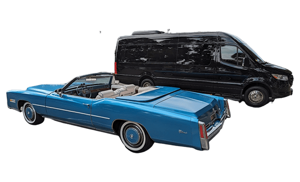 A blue vintage convertible car parked next to a black van.