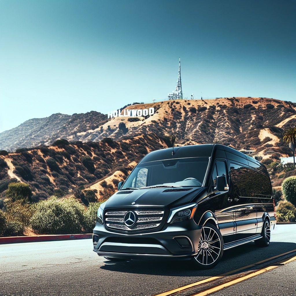2c6cf55da54acbf52bc517e8202bfe80d55b0ade3e9de Sleek black Mercedes-Benz van parked on a sunny roadside near hills.