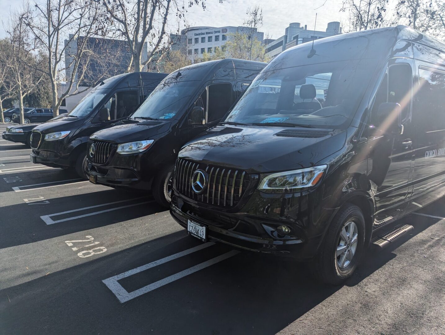 PXL_20240310_233730428.MP A lineup of black luxury vans parked in a row under a clear sky.