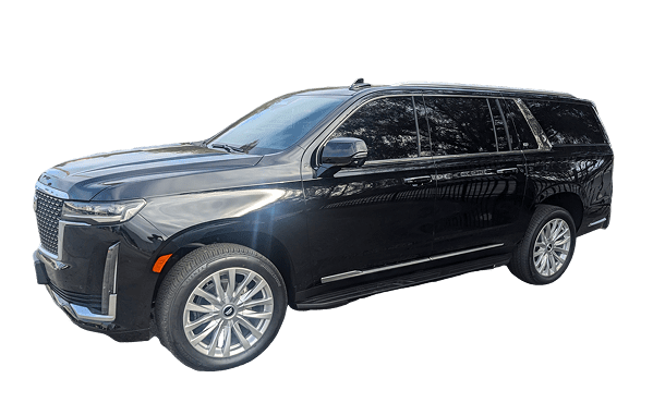Sleek black luxury SUV with tinted windows and shiny alloy wheels.